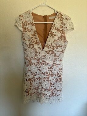 Ivory Floral Lace Mini Dress with Nude Underlay